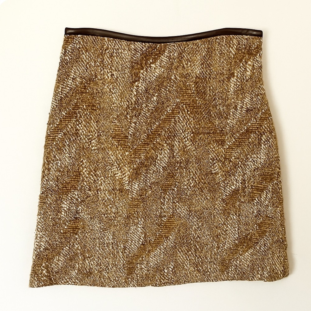 Classic Wool Tweed Mini Skirt Leather Trim 6 Gold Tan Brown Career Office Chic - Picture 2 of 14